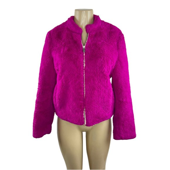 Banana Republic Faux Fur Bomber Jacket Size S Fuchsia Pink Teddy Coat Full Zip - Picture 2 of 11